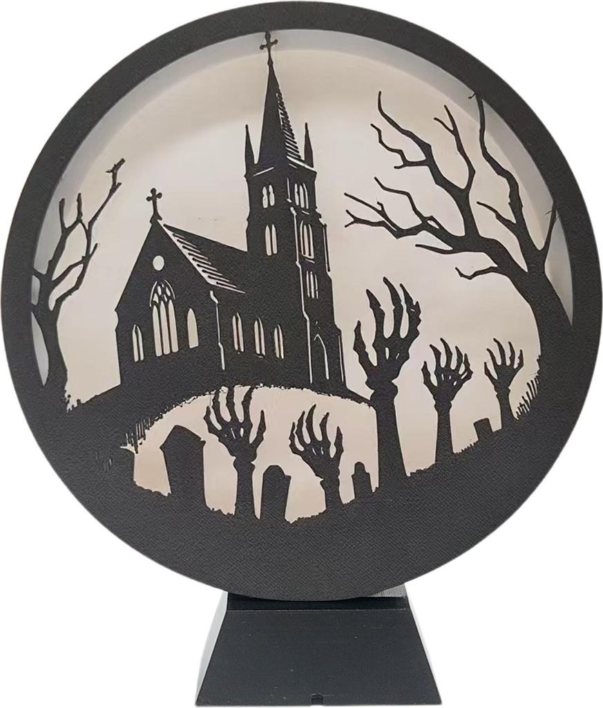 Halloween LED-Laterne aus Holz, Tischleuchte mit Hexen-, Kürbis-, Spinnen- und Katzenmotiven, Silhouette-Ornament, gruselige Tischdekoration für ...