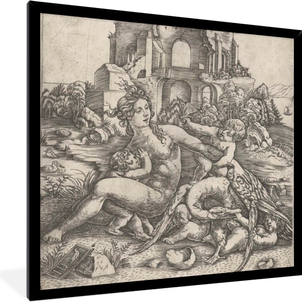 MuchoWow Gerahmtes Poster Leda und der Schwan mit ihren vier Kindern - Gemälde von Meister IB mit dem Vogel 40x40 cm - Poster mit Schwarzem Bild...
