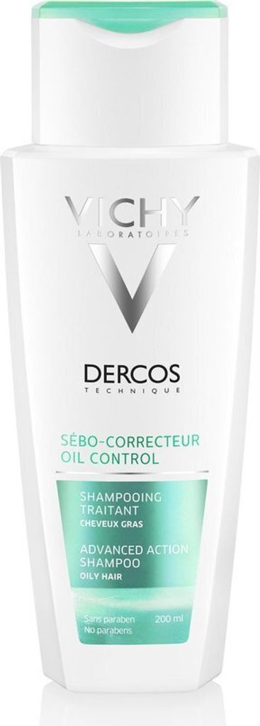 A white bottle of Vichy Dercos Oil Control Advanced Action Shampoo against a white background.