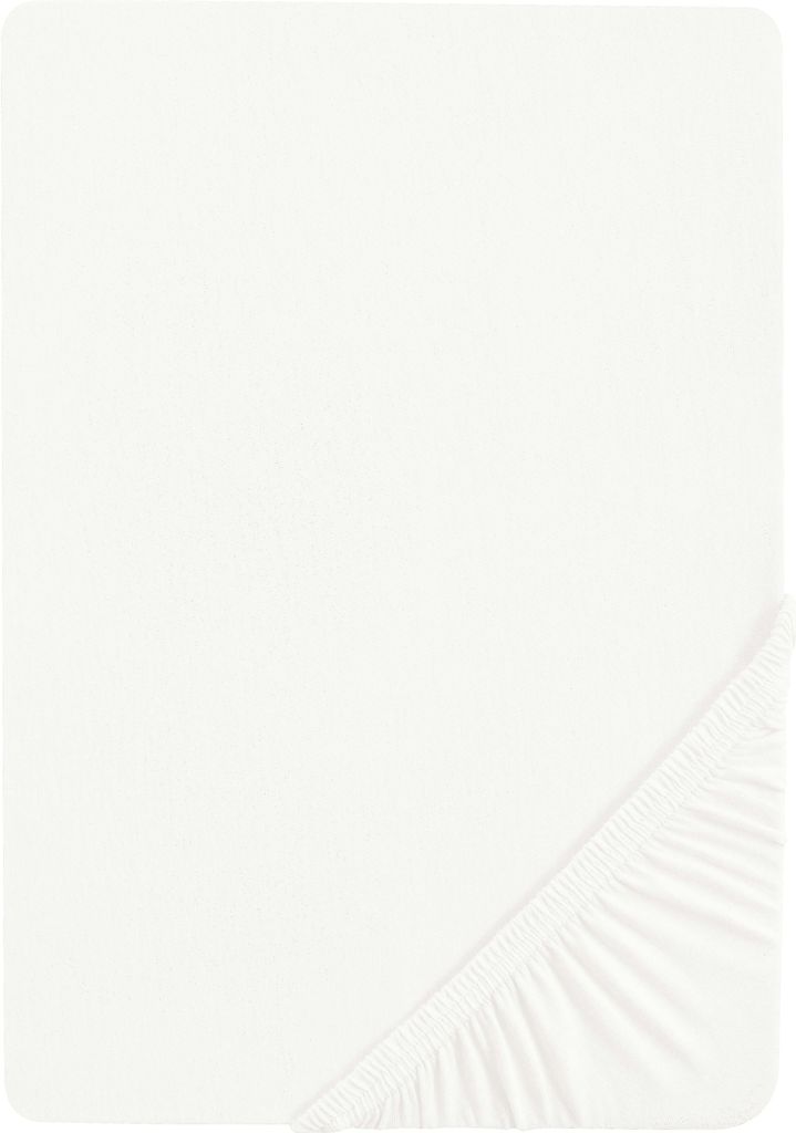 A white fitted sheet is shown flat on a white background, with the elasticized corner visible in the bottom right.