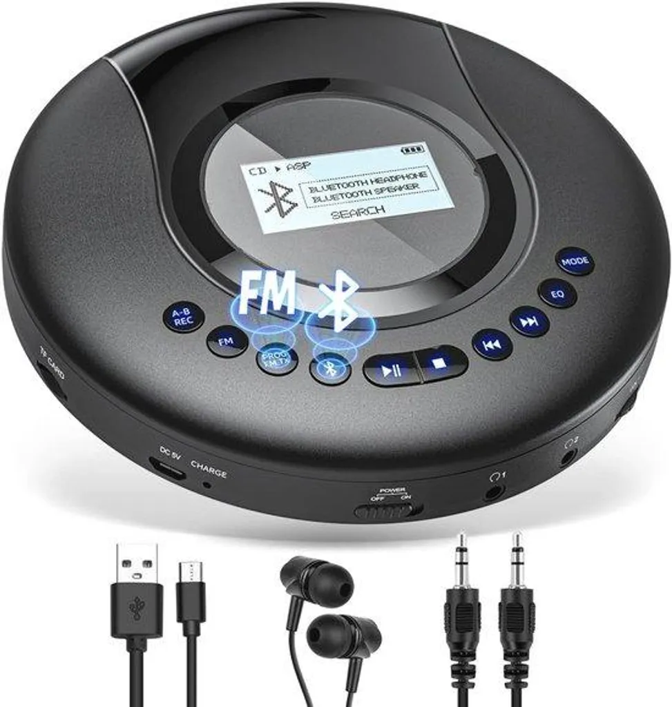 Discman Bluetooth Rechargeable Noir avec Protection Anti-Saut et LCD