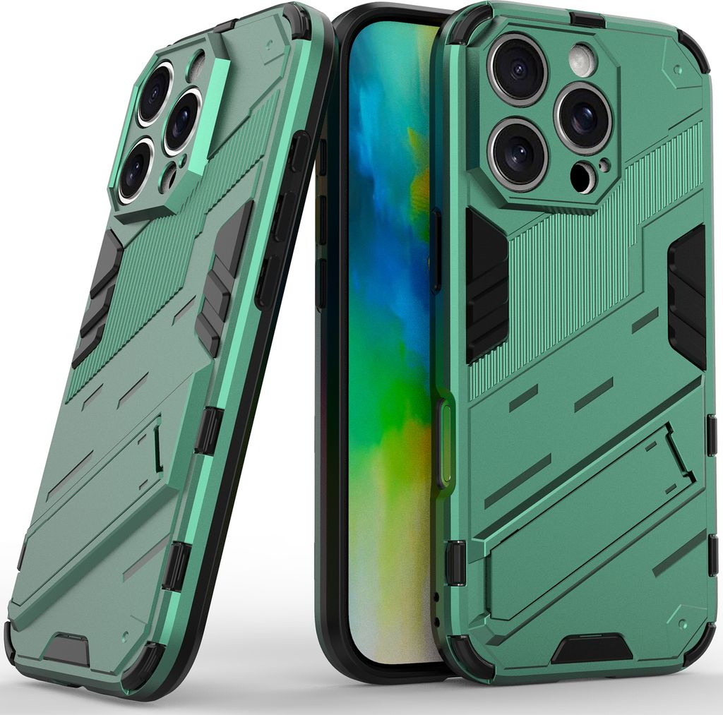 Armor Hülle für iPhone 16 Pro Hybrid PC TPU Bumper Stoßfestes Schutzhülle mit Standfunktion Grün