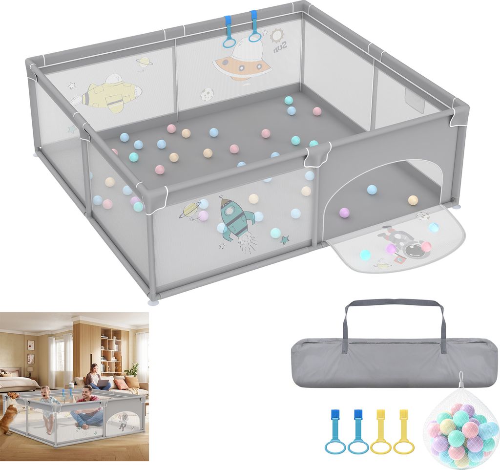 LARS360 Baby Laufstall 180 x 200 cm, Grau mit Astronautenmotiven, Spielbereich mit Rutschfester Basis, Tragbarem Spielzelt und Schutzgitter für Babys