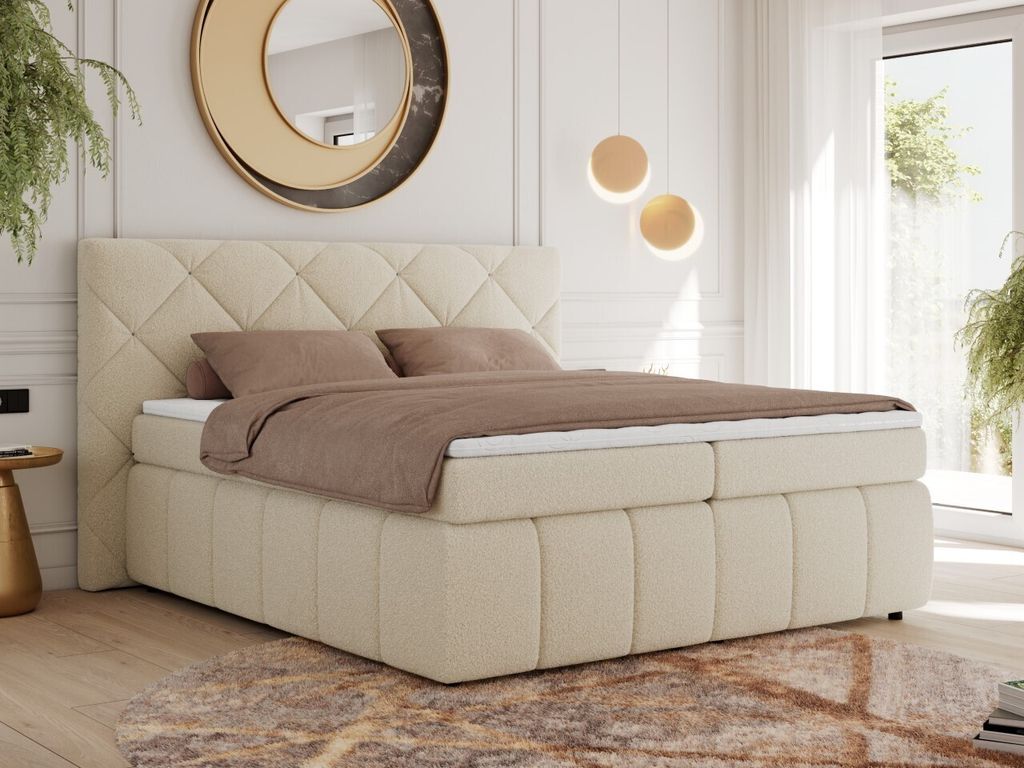 MKS MEBLE Boxspringbett 160x200 Beige Boucle Matratze H4, Polsterbett 160x200, Bett 160x200, Boxspringbett 160x200 - Rita