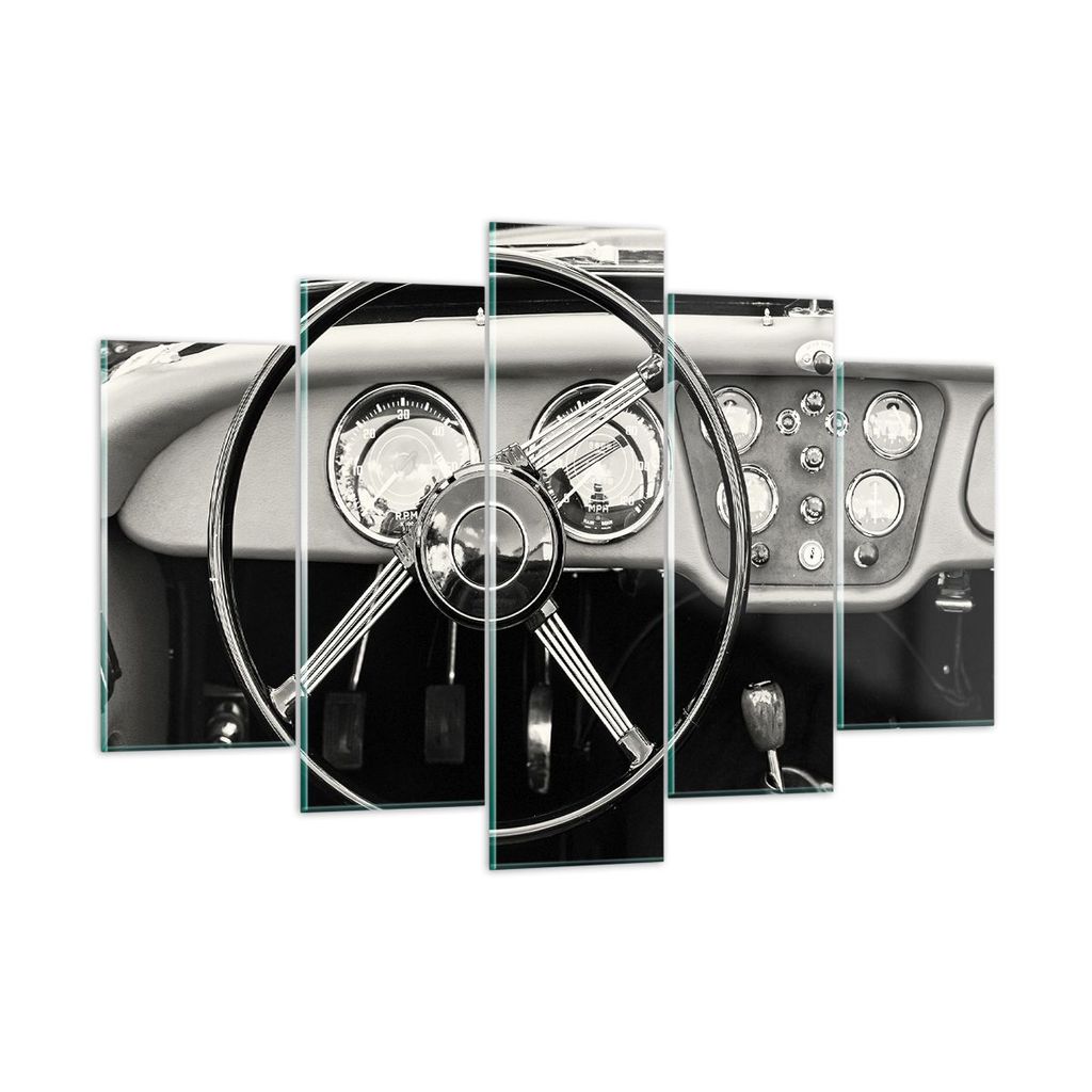 Bilder auf glas - 5 Teile - Lenkrad Auto Vintage - 150x100cm - Glasbilder - Wandbilder - Bilder - zum Aufhängen bereit - Wanddekoration aus Glas -...