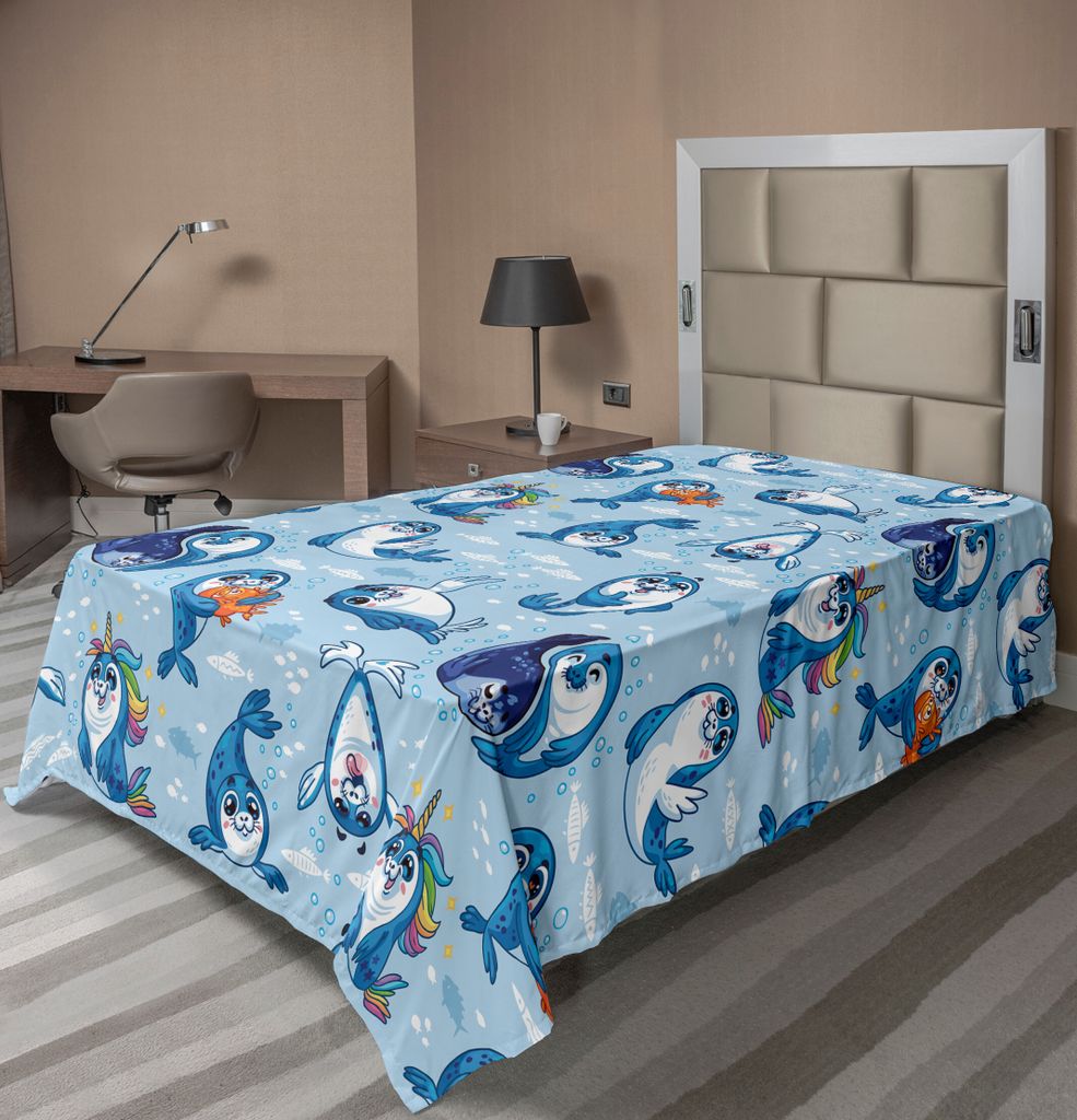 ABAKUHAUS Meerestiere Bettlaken, Seal Pup Cartoon Aquatic Wildernis Umarmung Wasser Blasen Kinder, weiches bequemes oberes Bettlaken für ein dekor...