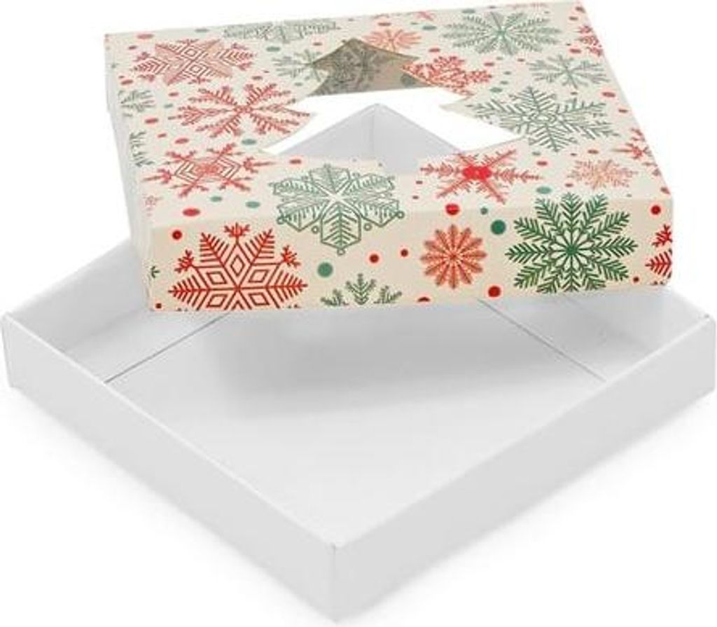 Faltbare Weihnachtsgeschenkbox mit Fenster-Weihnachtsbaum, Schneemuster 105 x 105 x 20 mm