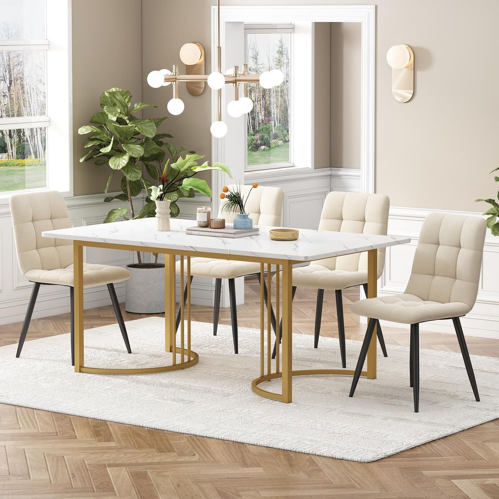 Essgruppe (5-tlg),Esstisch mit 4 Stühlen Set, Moderner Küchentisch Set , 140×80cm Küchentisch mit Golden Metallbeinen, MDF Tischplatte in Weiß...