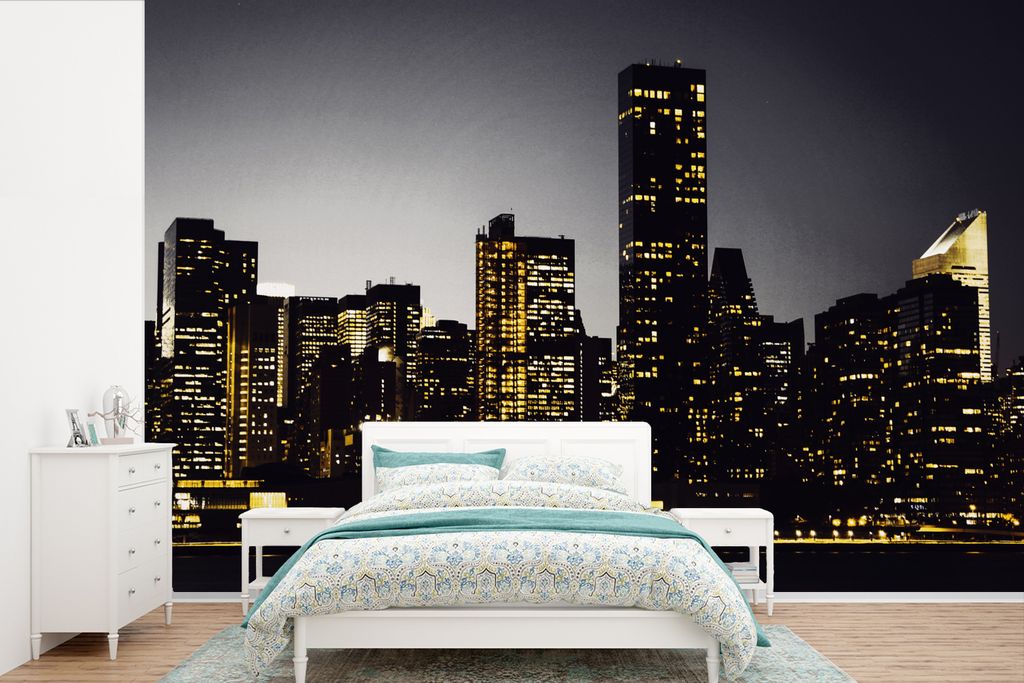 MuchoWow Fototapete für Wohnzimmer oder Schlafzimmer Wandtapete Vinyl Motivtapete New York - Beleuchtung - Lampe - 450x300 cm - Gemusterte