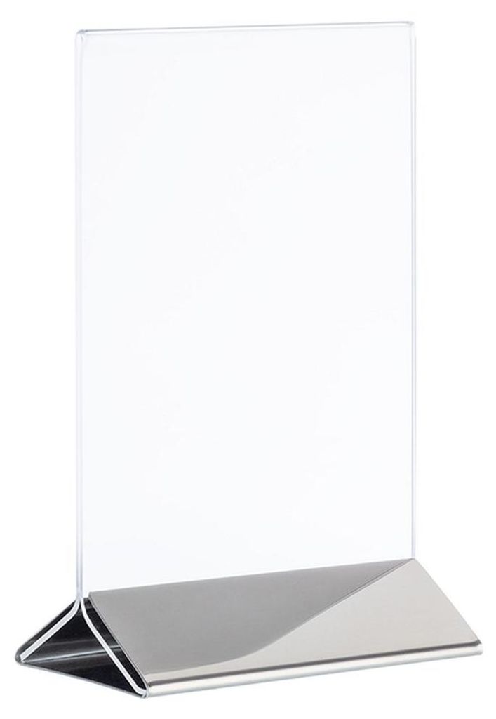 Tischkartenhalter DIN A6 beiseitig Hochformat mit Acryl Plakattasche mit Metallfuß in Silber Tischaufsteller Speisekartenhalter