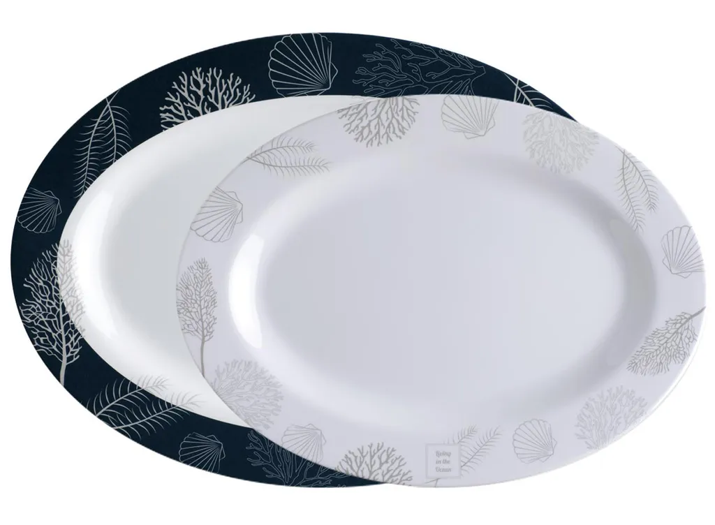 Plat de service ovale Living bleu marine motif bicolore lot de 2 pièces