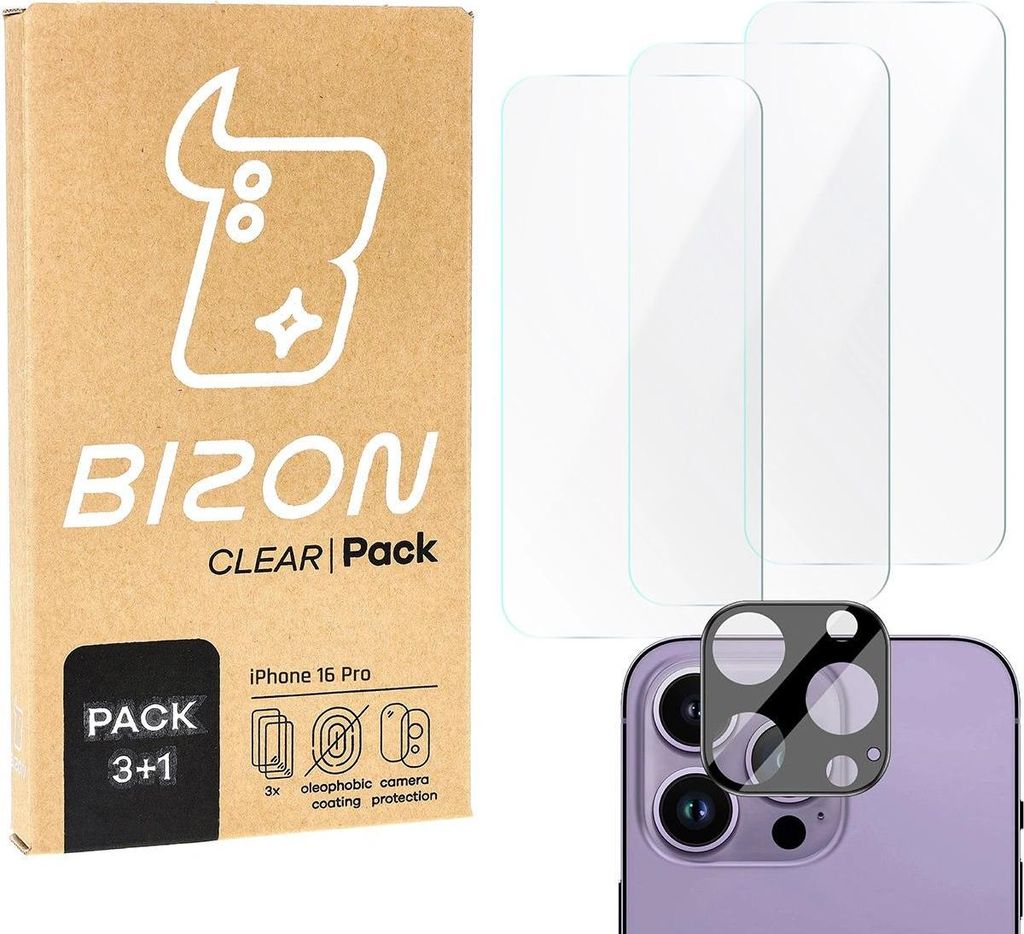 BIZON Clear 3x Bildschirmglas + Kameraglas Apple iPhone 16 Pro Max