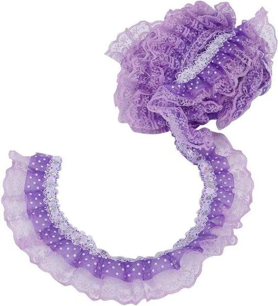 Finir vos ourlets avec le ruban maille plissé violet 45 mm à pois - 5 m