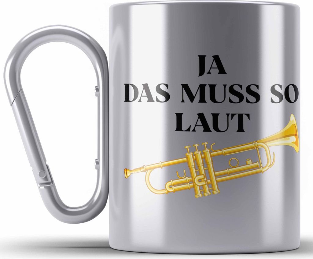 Trendation - Trompete Edelstahl Tasse Karabiner Geschenk für Musiker Trompeten-Spieler Tuten Geschenkidee Lustig Männer (Silber)