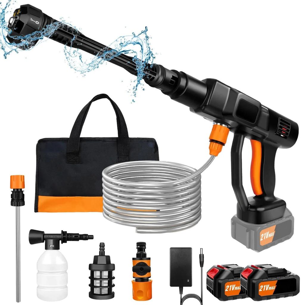 Hochdruckreiniger - Akku-Druckreiniger Pistole 21 V - 2 Akkus - Tragbar - Schlauch 5 m - Lanze 25 cm - Braun