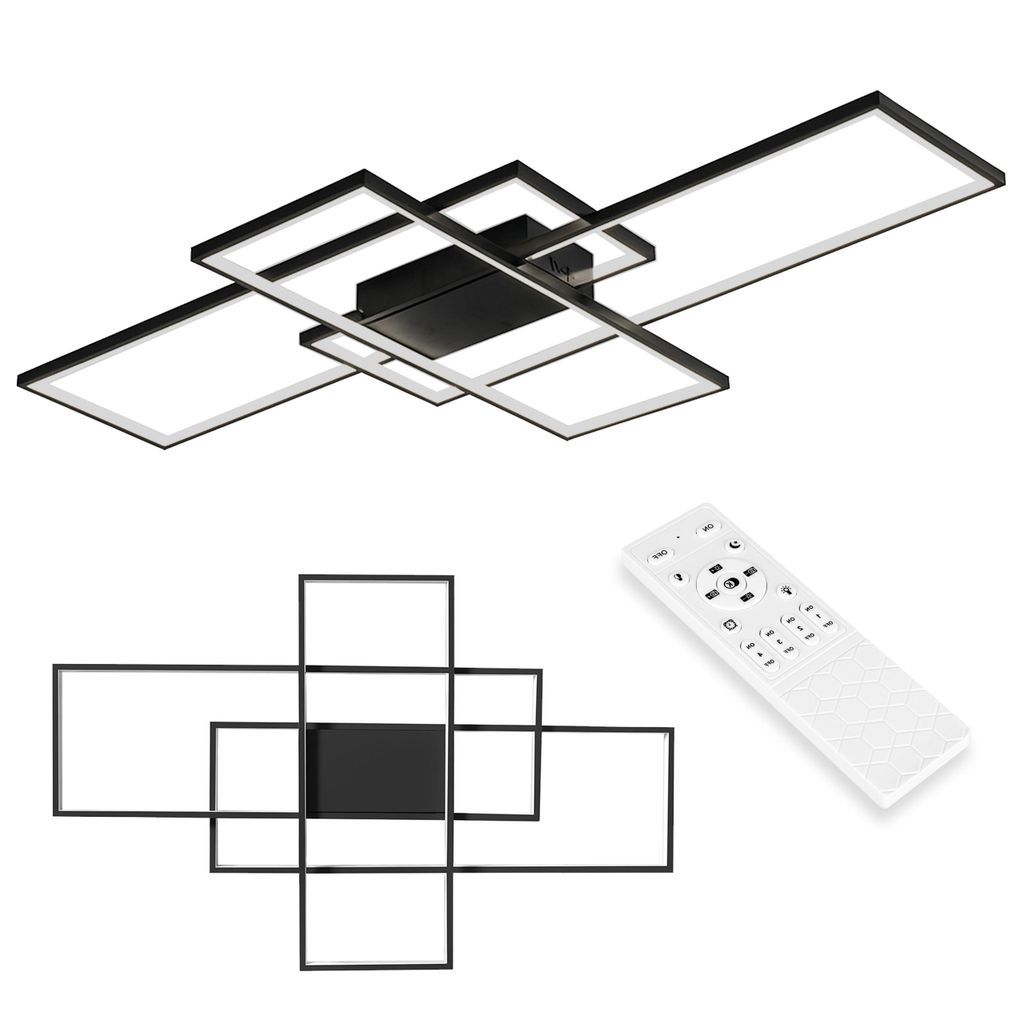 A modern, geometric ceiling light fixture with multiple rectangular frames and a central black box, shown from a slightly elevated angle. A white remote control is placed to the right of the fixture.