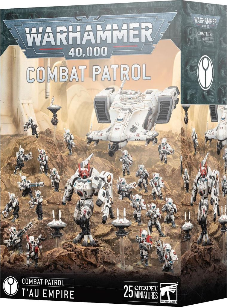 The image shows the box of a Warhammer 40,000 T'au Empire Combat Patrol set, featuring miniatures and a vehicle.