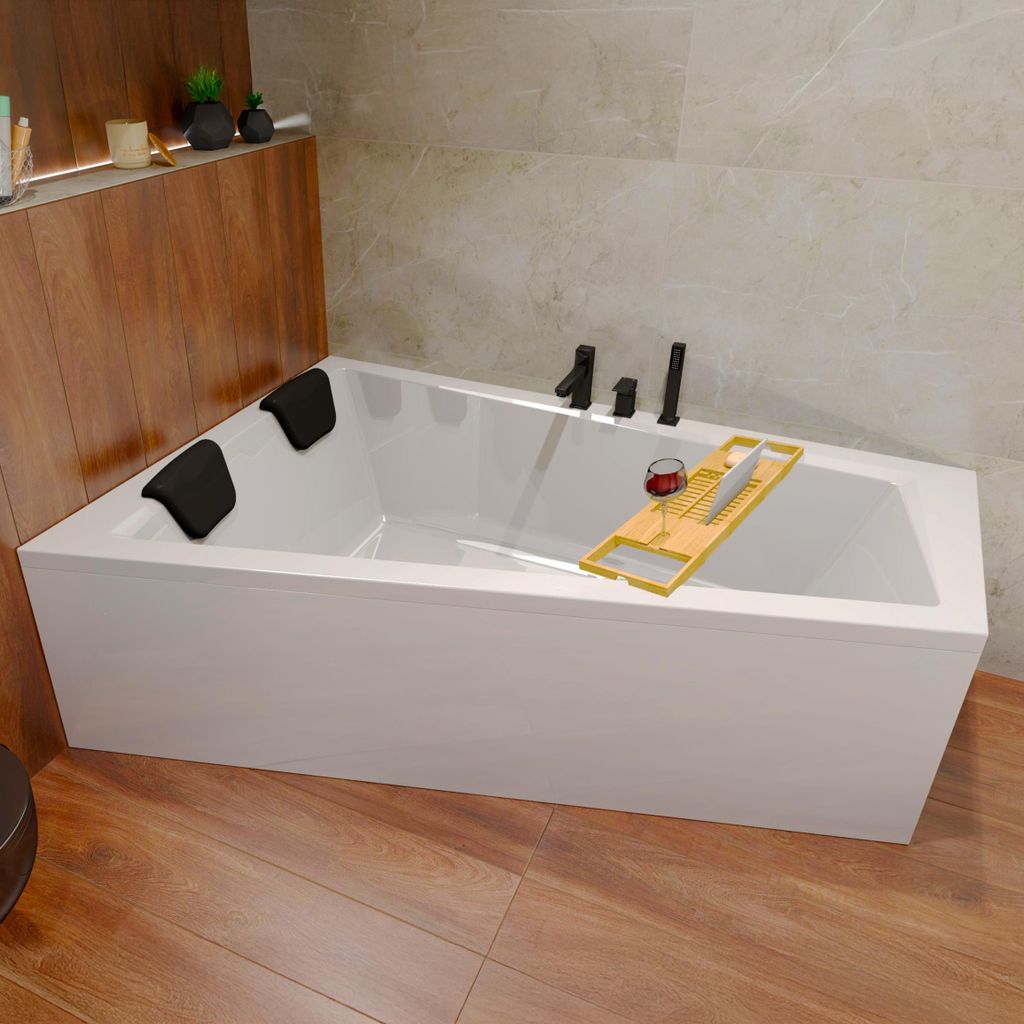 Badewanne Eckwanne Set 7in1 180x125 Links + Verkleidung (AcrylSchürze) + Bambus Holzablage + 2 Kopfstützen in Schwarz | BADLAND INTIMA