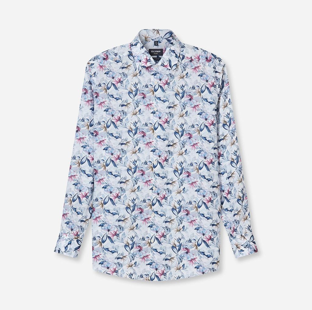 OLYMP Luxor modern fit overhemd, dobby, wit met blauw en roze bloemen dessin