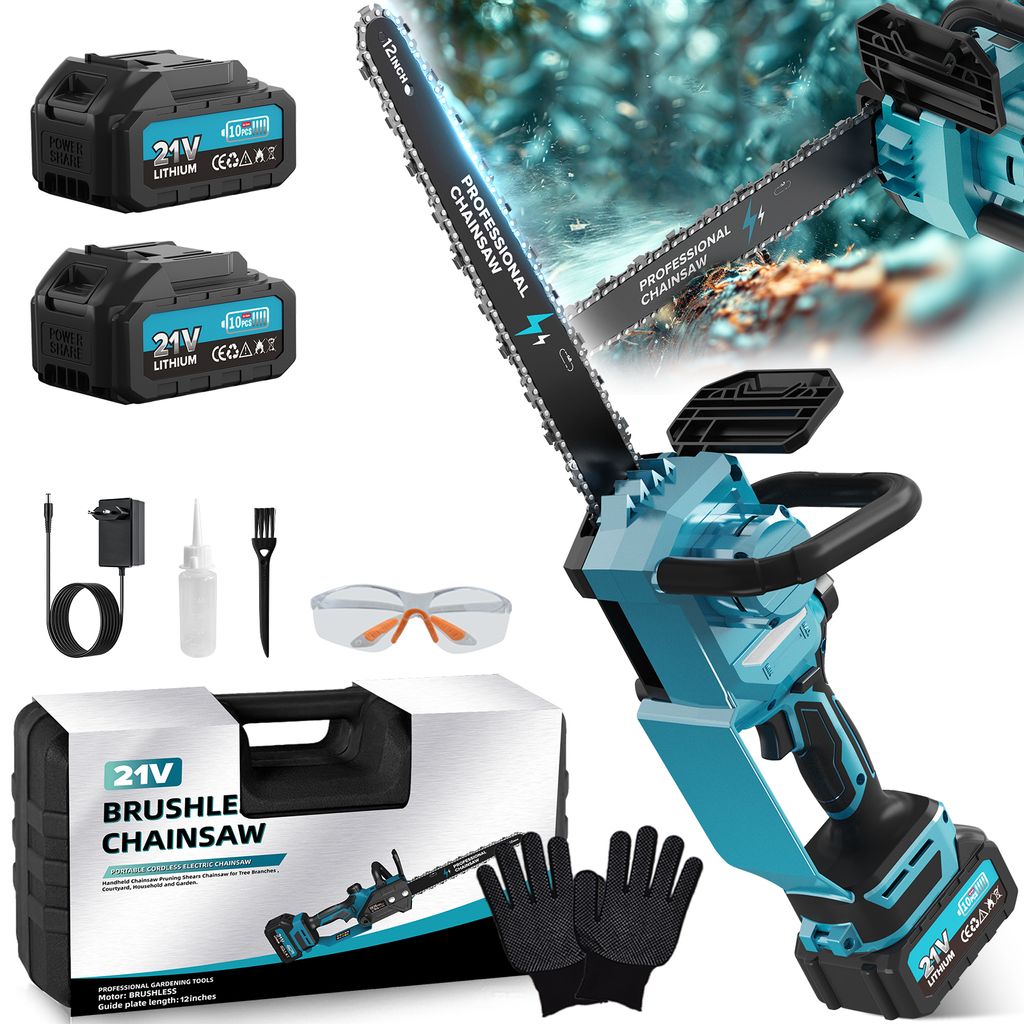 A collection of items for a cordless chainsaw kit, including batteries, charger, safety glasses, gloves, and the chainsaw itself, presented in a dynamic, slightly blurred background.