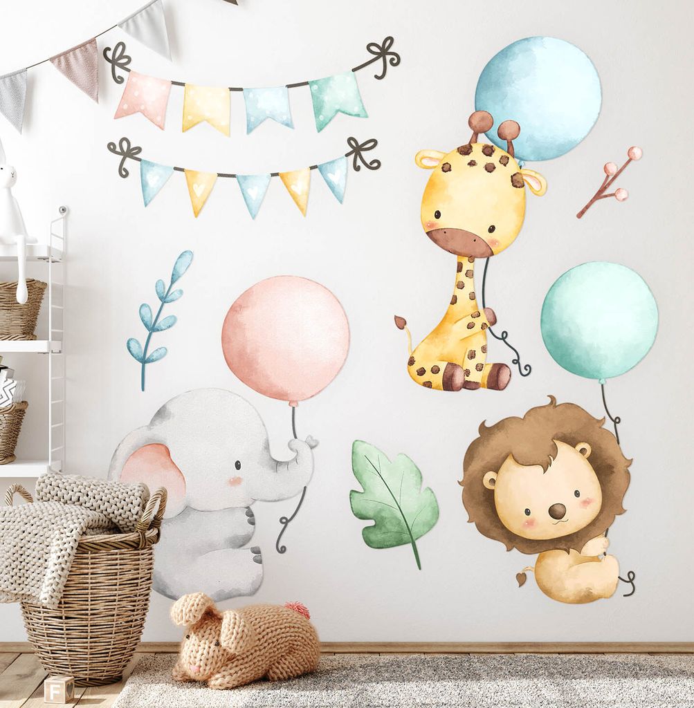 Tiere mit Luftballons – Wandgestaltung – Wandbilder Kinder – Motivtapeten Set – Wanddekor Kinderzimmer – Selbstklebende Wandsticker – 1...