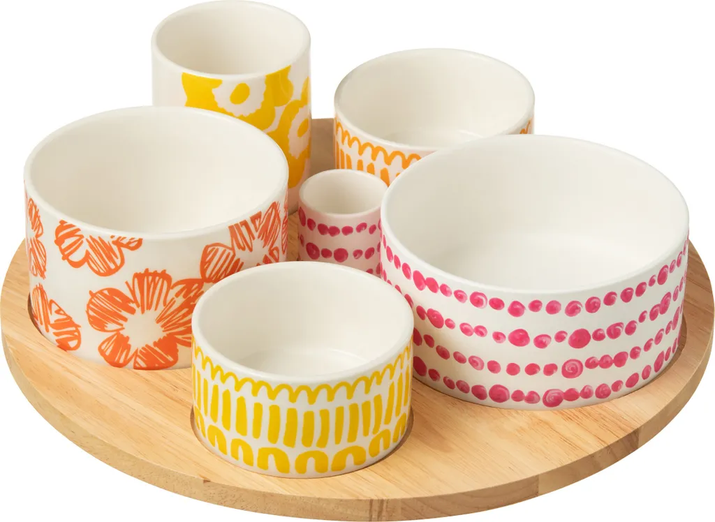 J-Line Set de 6 Coupelles Apéritif Céramique Mix et Plateau en Bambou