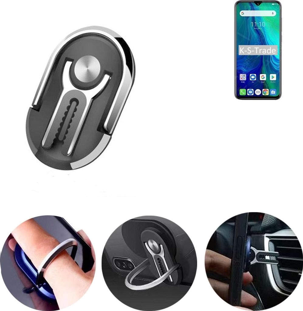 K-S-Trade 3in1 Smartphone-Ring Handy-Ring kompatibel mit Ulefone Power 6 Fingerhalterung Handyring Tischständer Lüftungsgitter-Halterung Tisch
