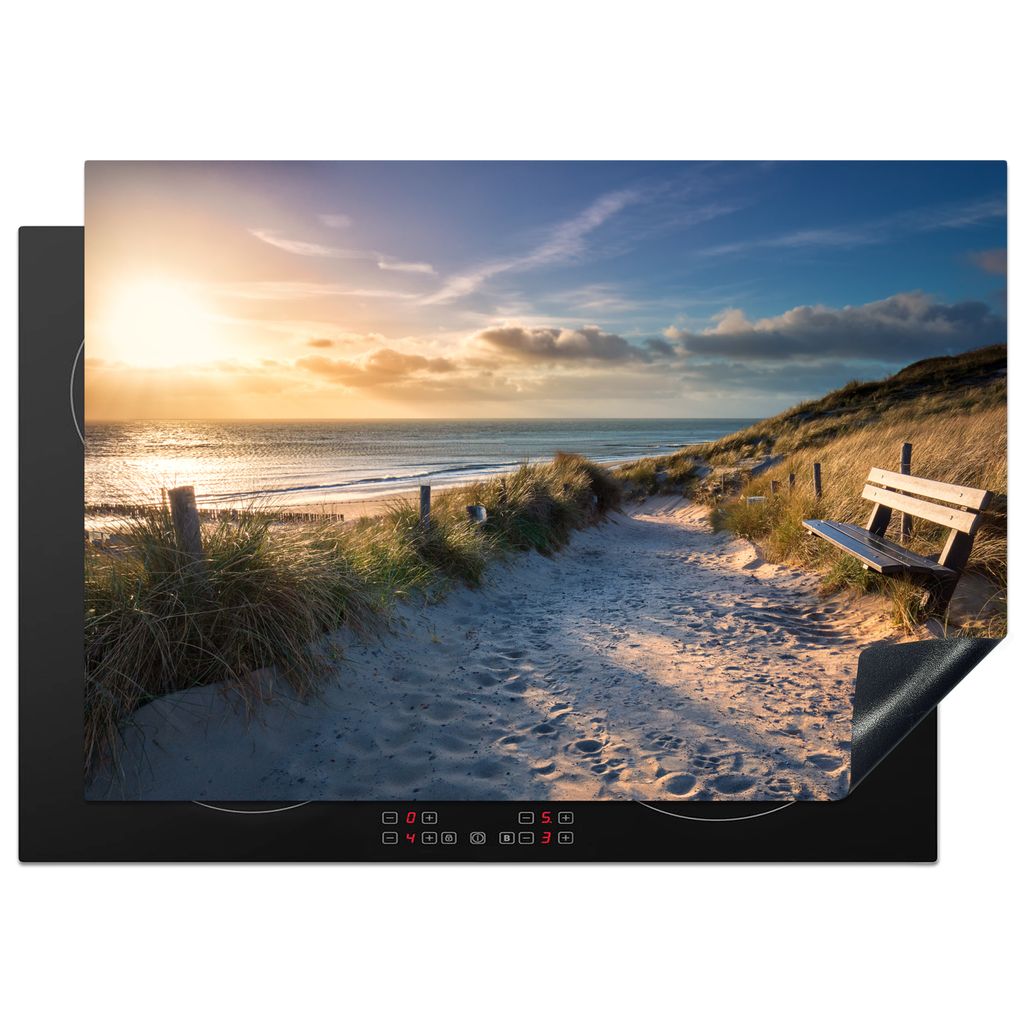 KitchenYeah Herdabdeckplatte Sonnenuntergang - Strand - Düne - Gras - Bank , 75x52cm, Küche Deko, Glaskeramikkochfeld Herdabdeckung, Abdeckplat...