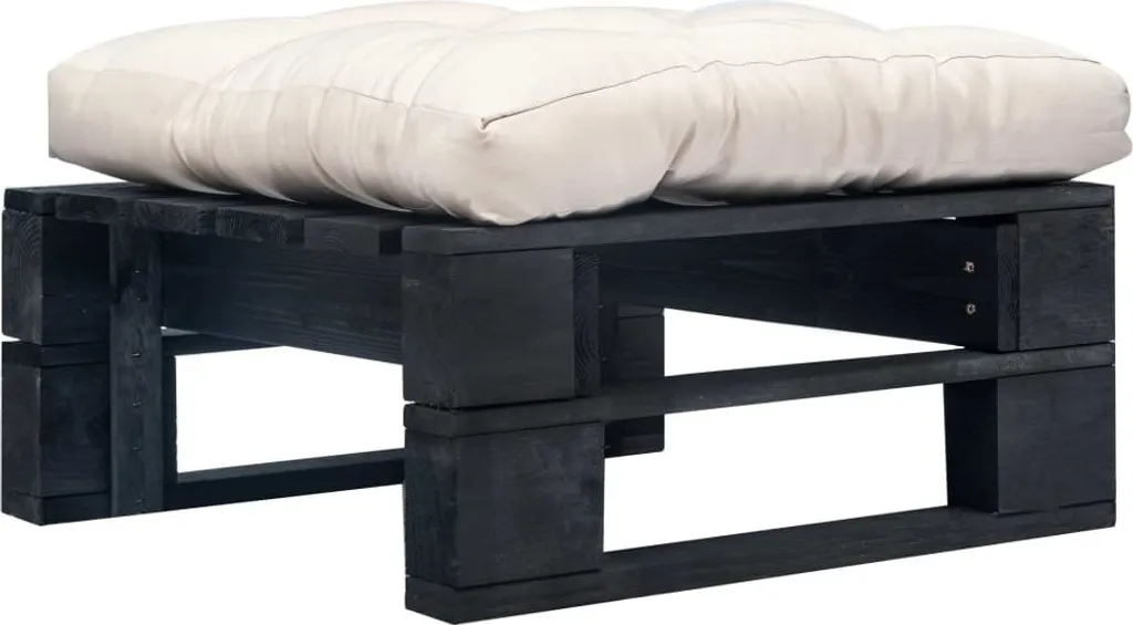Ottomane palette bois noir avec coussins sable rembourrés et confort