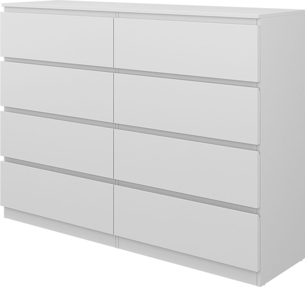 A white dresser with eight drawers, shown from a three-quarter angle against a white background.