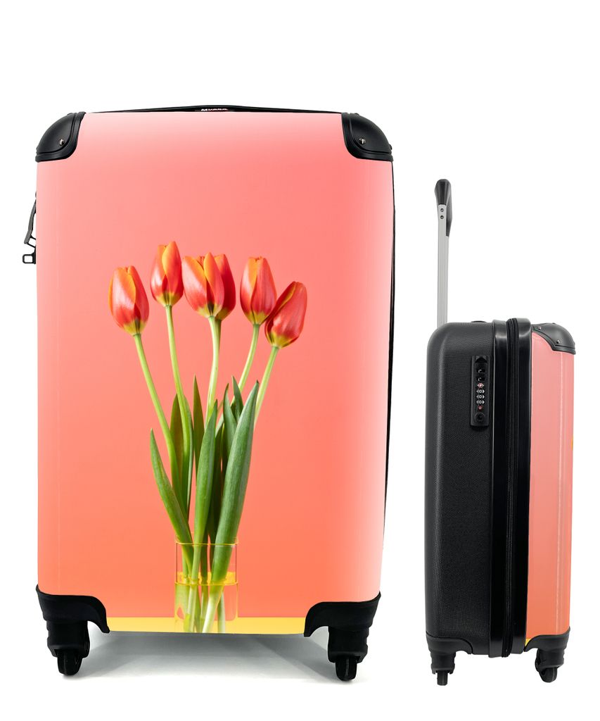 MuchoWow Koffer Handgepäck Trolley Rollkoffer Kleine Reisekoffer mit 4 Rollen - Tulpenvase - Rot - Cabin Size < 55x40x23 cm & 55x40x20 cm - Foto...