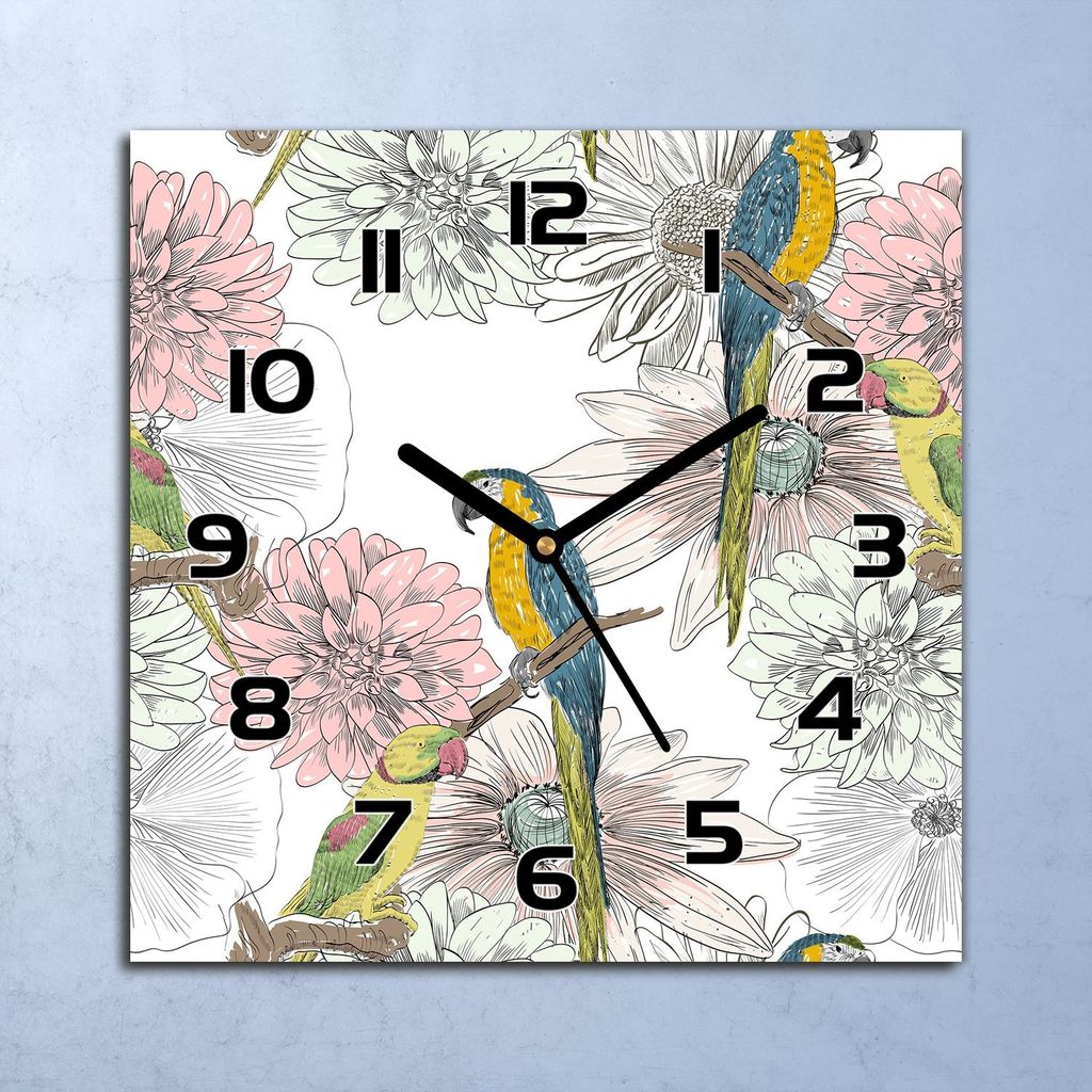 Wanduhr Echt-Glas-Küchenuhr Papagei und Blumen Quarz 30x30 Deko Bilder