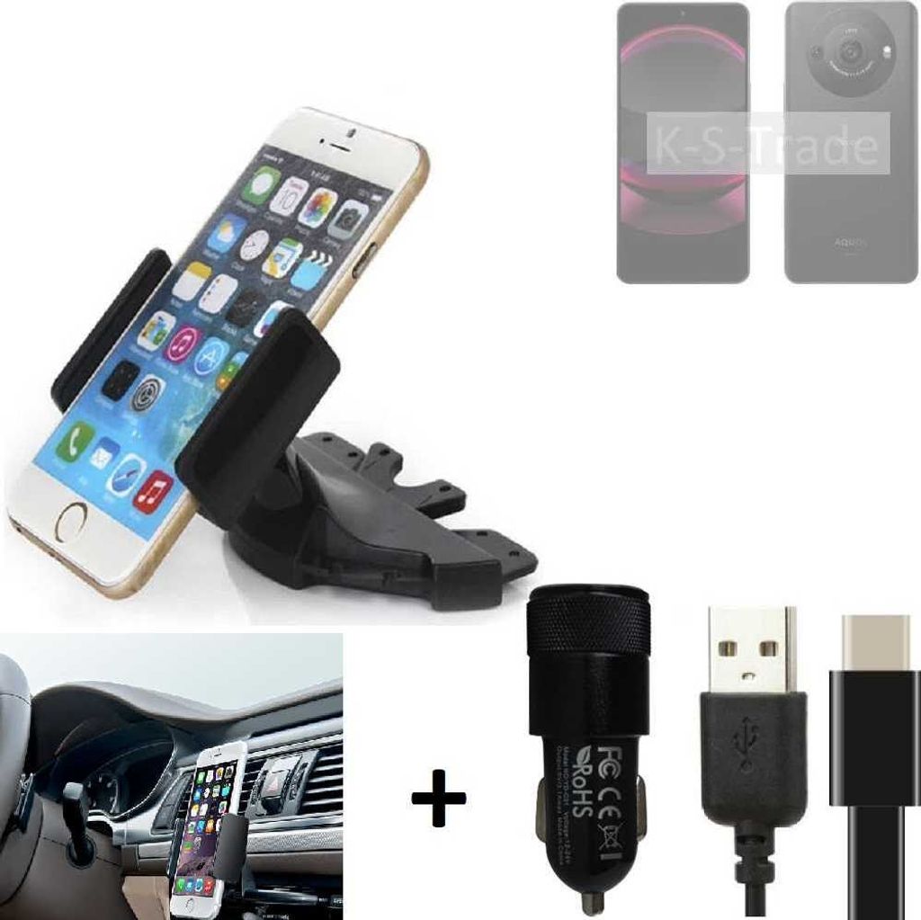 K-S-Trade CD Schlitz Handy-Halterung kompatibel mit Sharp Aquos R8 Pro Autohalterung KFZ-Halter Radio Handy Halterung 360° drehbar CD-Schacht inkl.