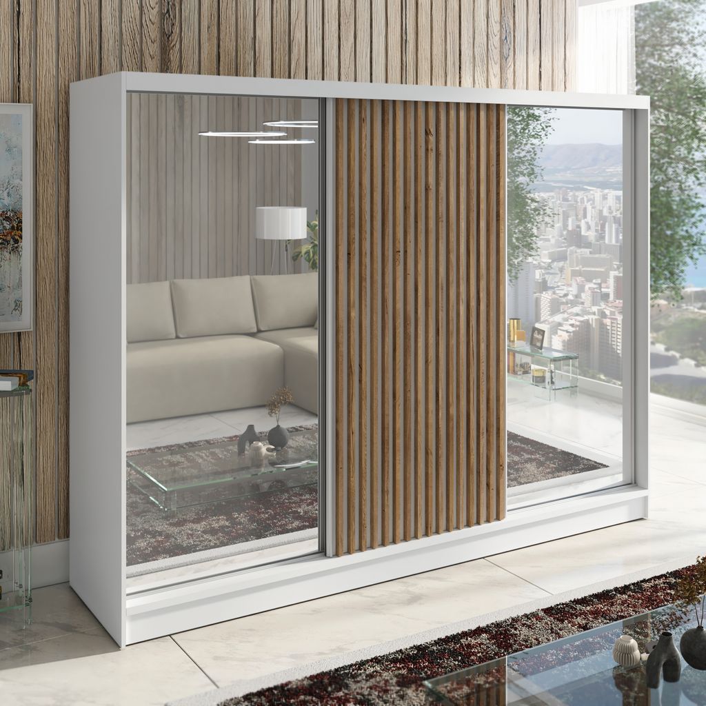 A modern wardrobe with mirrored doors and wooden slats, reflecting a living room interior and a city view from a balcony.
