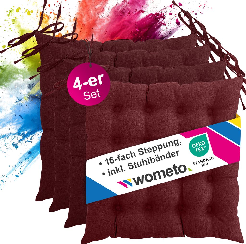 4er Set Sitzkissen Stuhlkissen 40x40 OEKO-TEX - dunkelrot weinrot Sitzauflage Bank Polster Sitzpolster mit Bändern / Schleife, Indoor / Outdoor