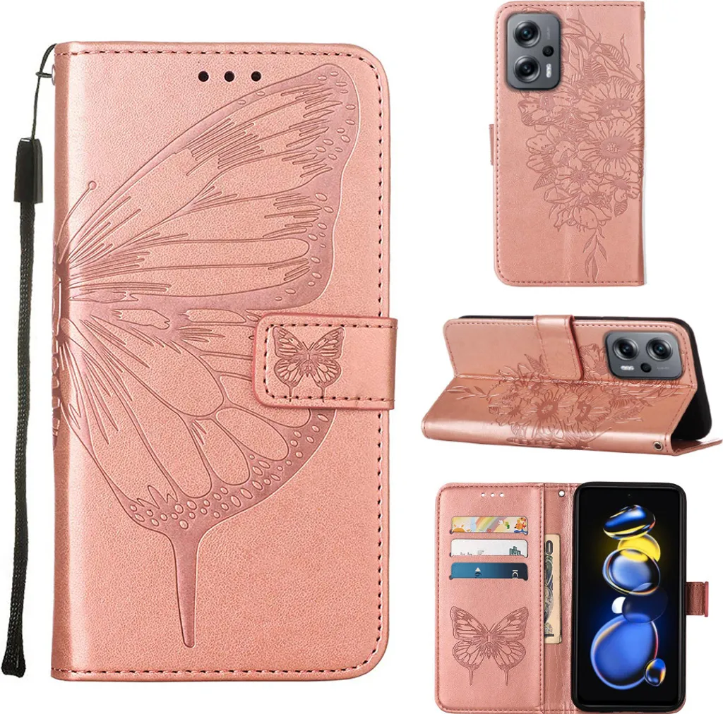 Xiaomi Poco X4 GT 5G Case, Butterfly Relief Flip Custodia in pelle con slot per schede e stand per Xiaomi Poco X4 GT 5G Rose Gold
