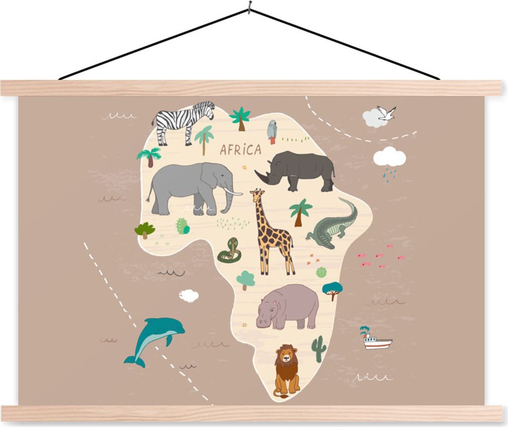 MuchoWow Textilposter Weltkarte - Kinder - Afrika - Tiere - Jungen - Mädchen 60x40 cm mit holzfarbenen Rahmen - Bilder