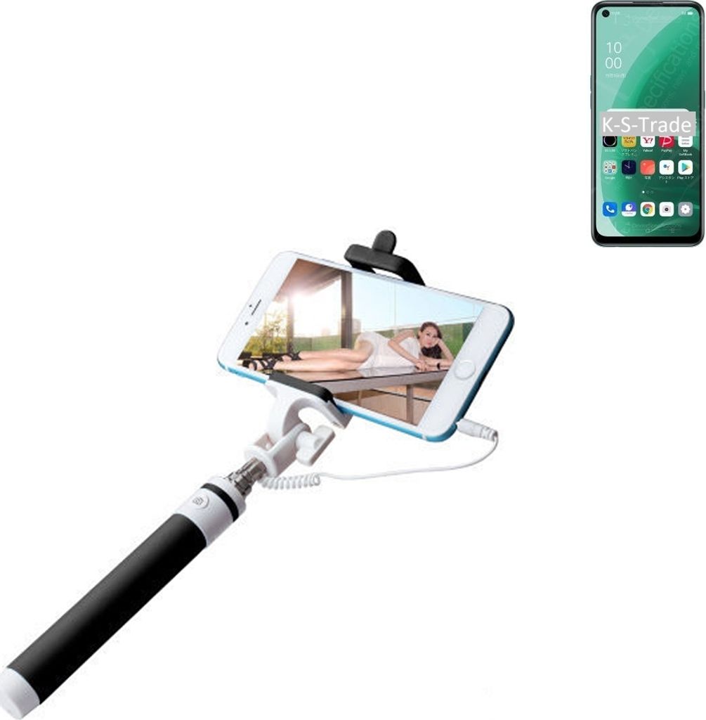K-S-Trade Selfie Stick kompatibel mit Oppo A55s 5G Selfiestick kabelgebunden Monopod mit Kabel Stab Stange Selfportrait Handheldstick schwarz 1x
