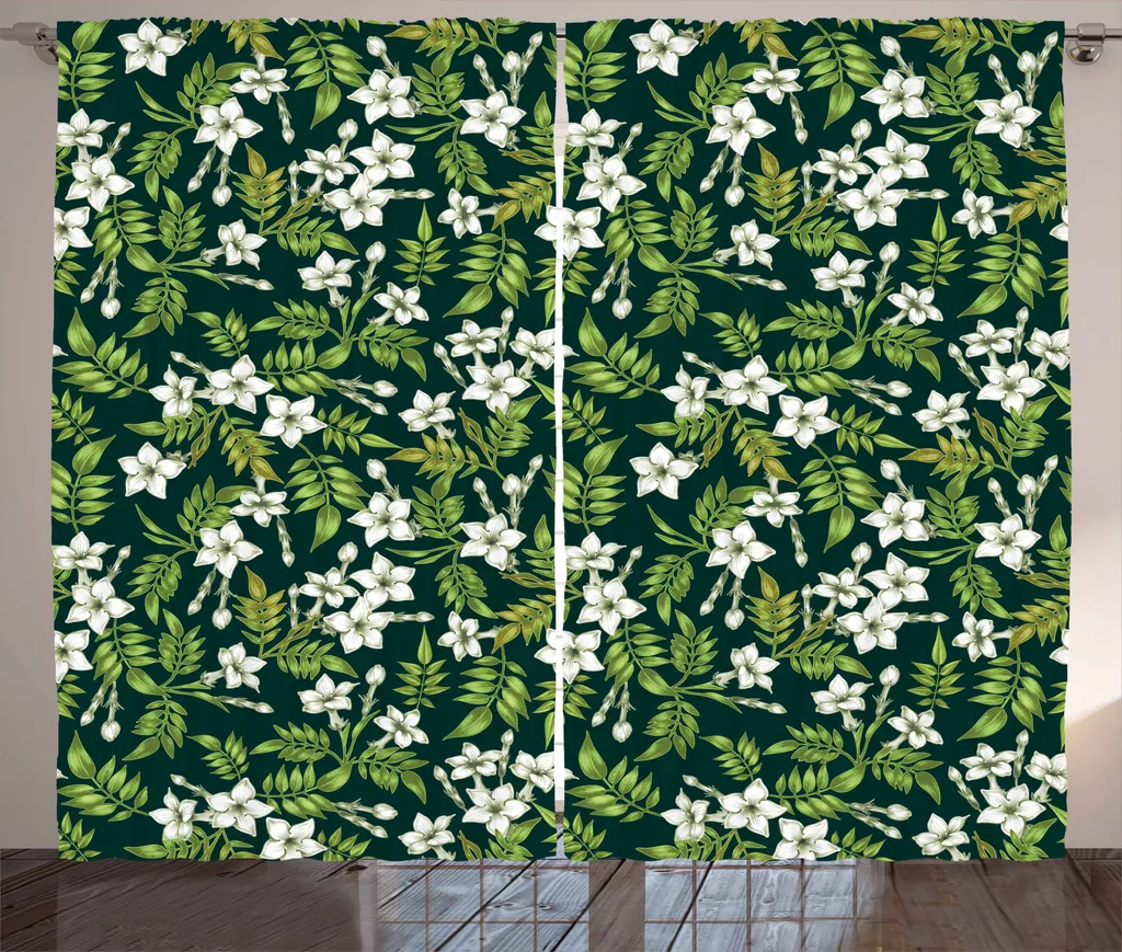 ABAKUHAUS Tenda rustica Jasmin, Awakening Bocciolo di fiore, Tenda con passanti e ganci per camera da letto, 280 x 175 cm, verde mela bianco sporco