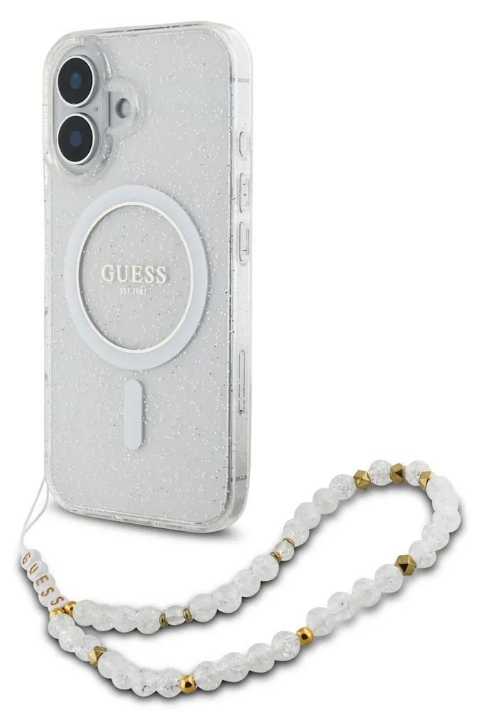 Custodia Protettiva Guess iPhone 16 Glitter MagSafe + Cinturino Perle