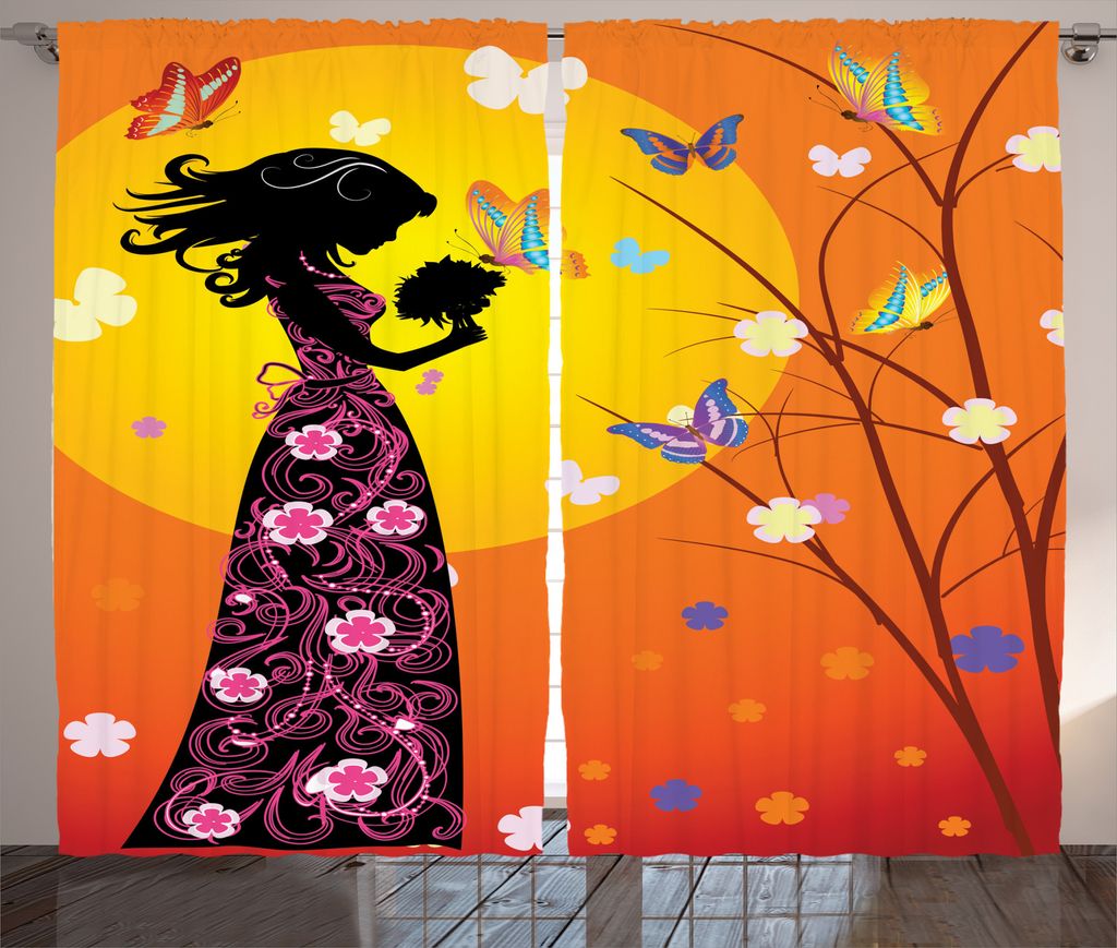 ABAKUHAUS Feminin Rustikaler Gardine, Blumenkleid, Schlafzimmer Kräuselband Vorhang mit Schlaufen und Haken, 280 x 175 cm, Orange Schwarz