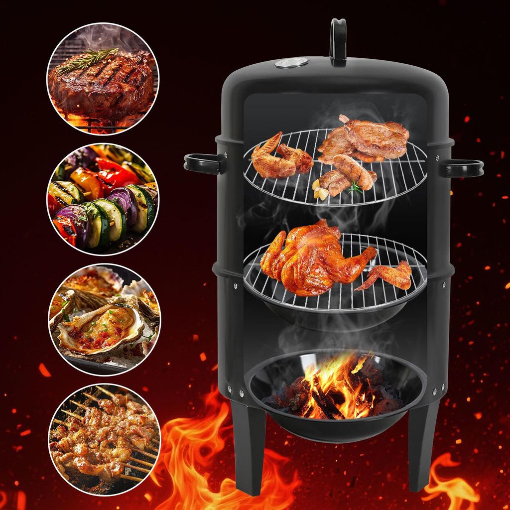 Faziango Smoker Räuchertonne Holzkohlegrill Räuchergrill 3 in 1 Smoker Grill 80cm Ø 40 cm Grilltonne