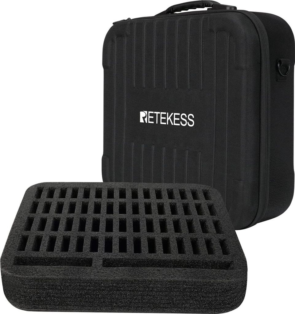 A black storage case with a foam insert for tour guide systems.