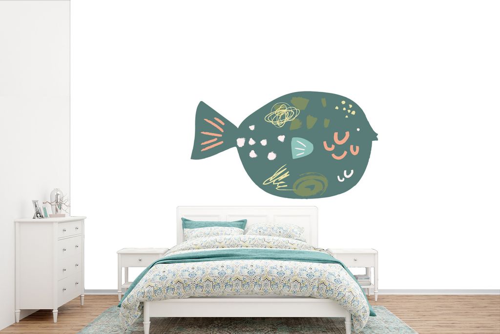 MuchoWow Fototapete für Wohnzimmer oder Schlafzimmer Wandtapete Vinyl Motivtapete Fisch - Grün - Pastell - 360x240 cm - Vinyl-Tapete