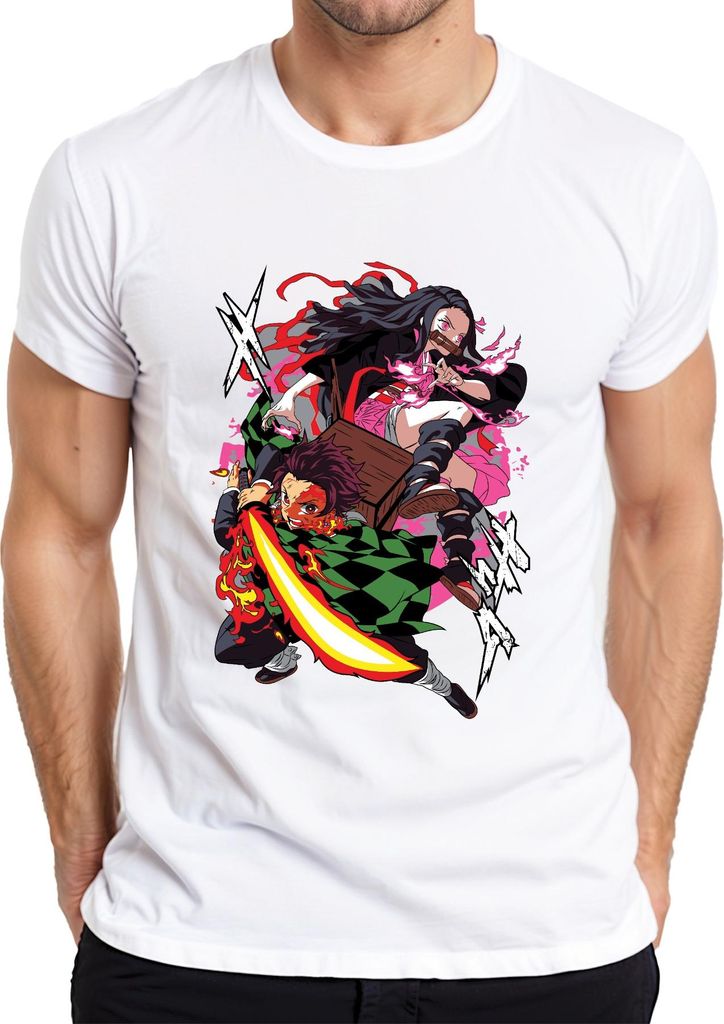 Kimetsu no Yaiba Tanjiro Nezuko Feuerklinge Anime Geschenk Manga Herren T-Shirt, Weiß, 3XL