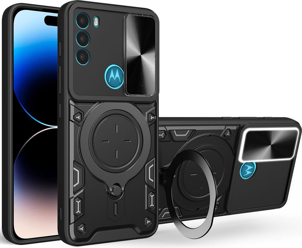 Handyhülle für Motorola Moto G71 5G Dual-Layer Stoßfest Rüstung Hülle mit Dia Kameraschutz und Kreisförmig Ring Ständer Schwarz