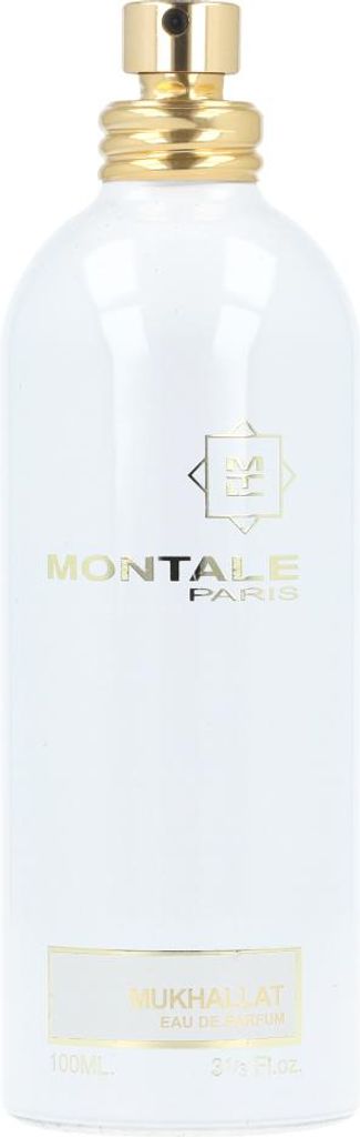 A white bottle of Montale Mukhallat Edp Spray with a gold cap and gold lettering.
