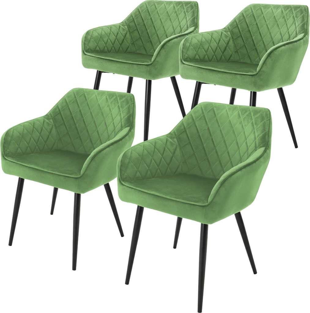 Four green dining chairs arranged in a staggered formation against a white background.