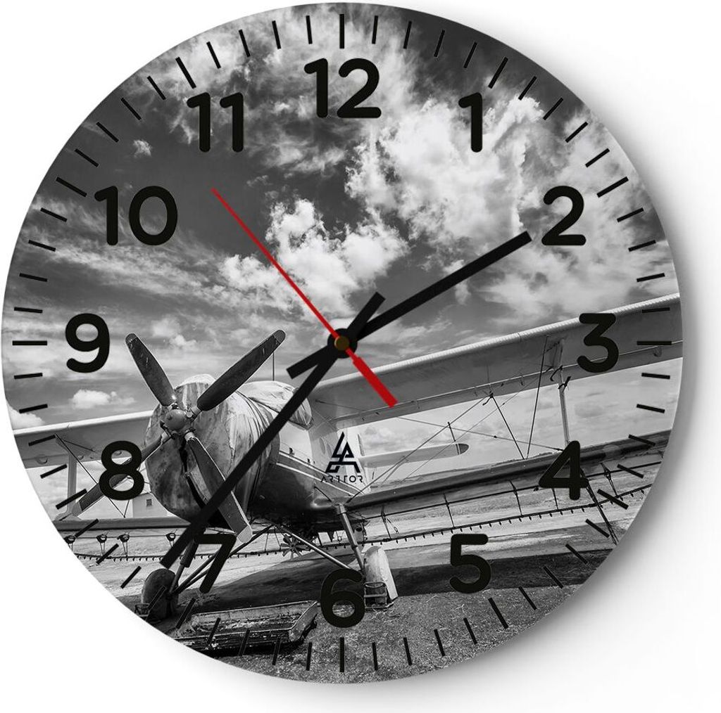 Wanduhr - Rund - Glasuhr - An-2 Flugzeug Schwarzweiß - 40x40cm - Schleichendes Uhrwerk - Lautlos - zum Aufhängen bereit - Dekoration Modern - Wan...