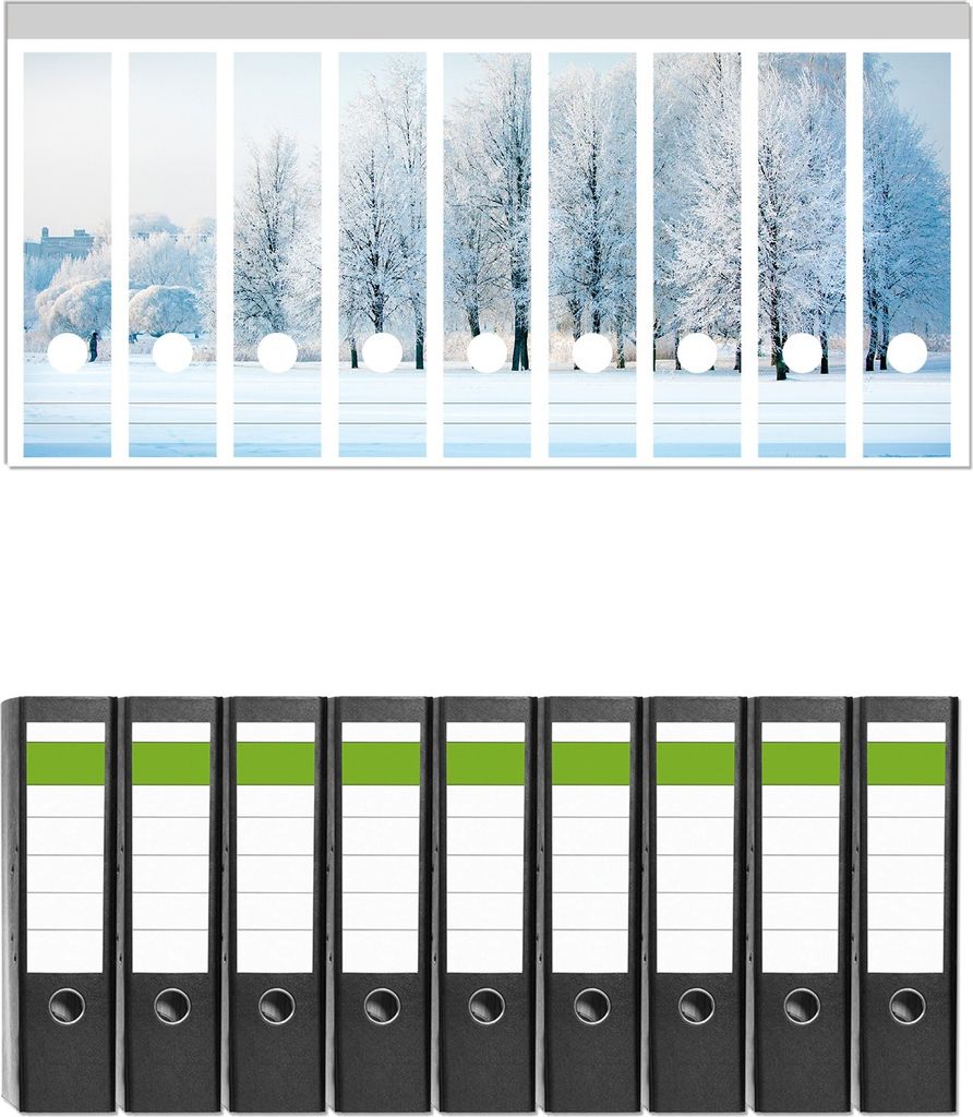 Wallario 9 Stück breite Ordner inkl. Klebeetiketten mit Motive Verschneite Bäume in einer Winterlandschaft - Set mit Rückenschildern / Ordnerr...